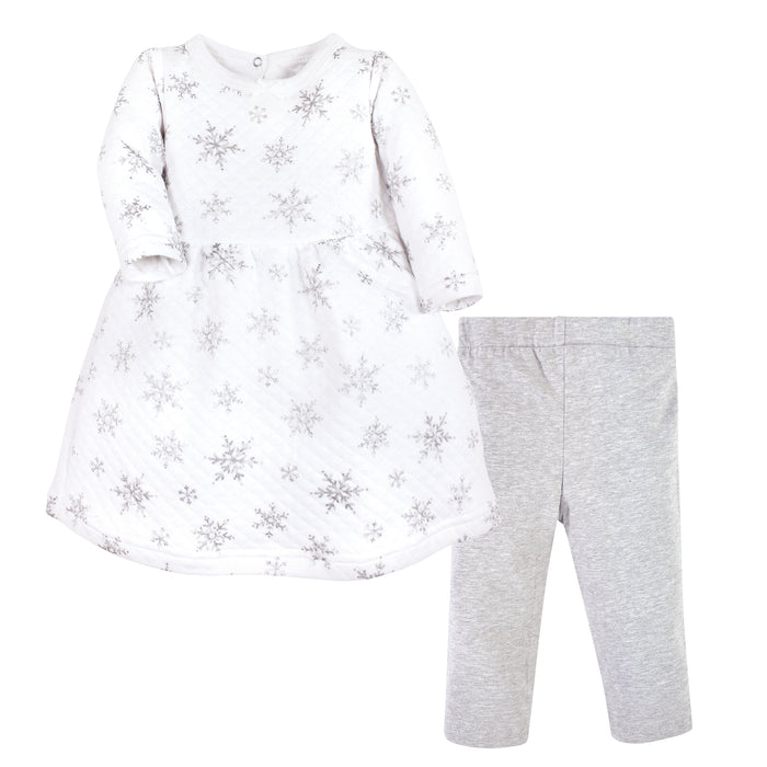 Hudson Baby Toddler & Baby Girl Quilted Cotton Dress and Leggings, Silver Snowflakes