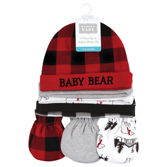 Hudson Baby Cotton Cap and Scratch Mitten Set, Buffalo Plaid Bear, 0-6 Months
