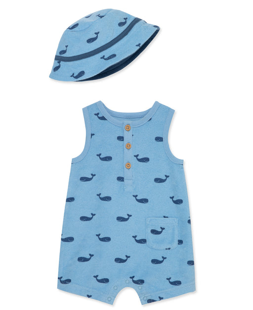 Little Me Blue Whales Terry Romper with Hat