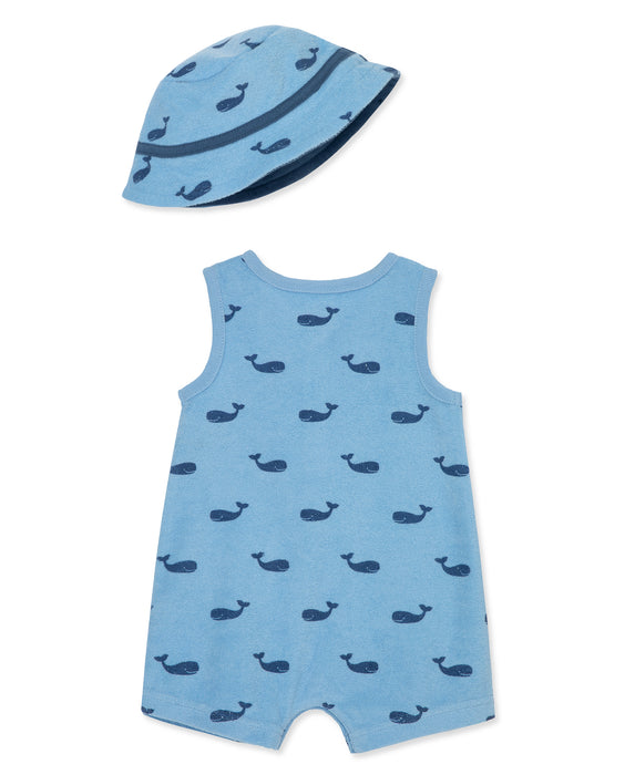 Little Me Blue Whales Terry Romper with Hat