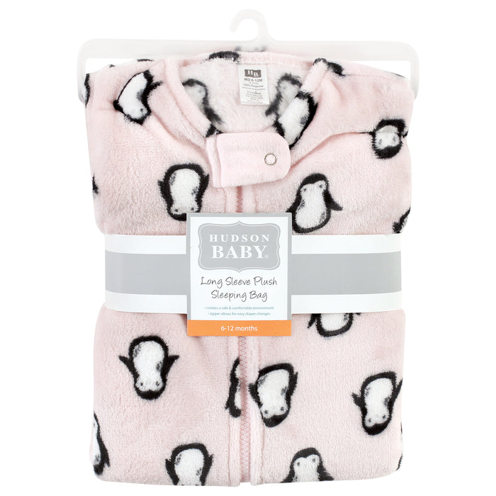 Hudson Baby Infant Girl Plush Long-Sleeve Sleeping Bag, Sack, Blanket, Pink Penguin