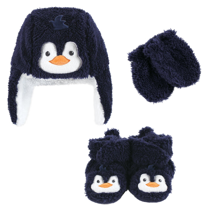 Hudson Baby 6 Piece Trapper Hat, Mitten and Bootie Set, Navy Penguin Reindeer