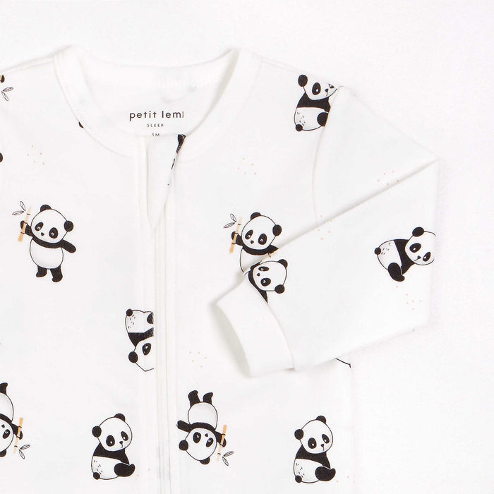 Petit Lem Panda Print on Off-White Footed Sleeper