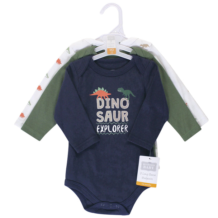 Hudson Baby Infant Boy Cotton Long-Sleeve Bodysuits 3 Pack, Dinosaur Explorer