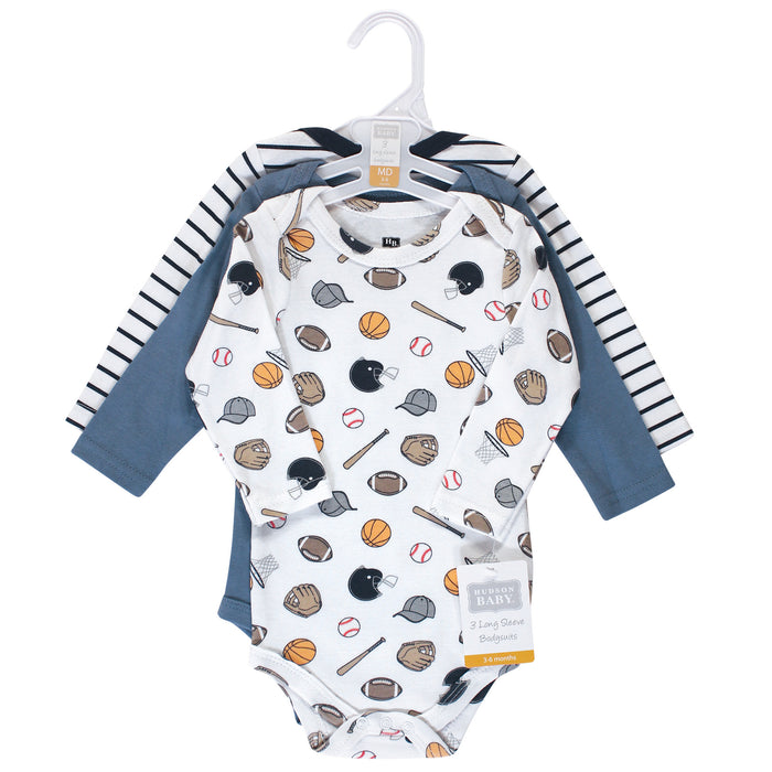 Hudson Baby Infant Boy Cotton Long-Sleeve Bodysuits 3 Pack, Basic Sports