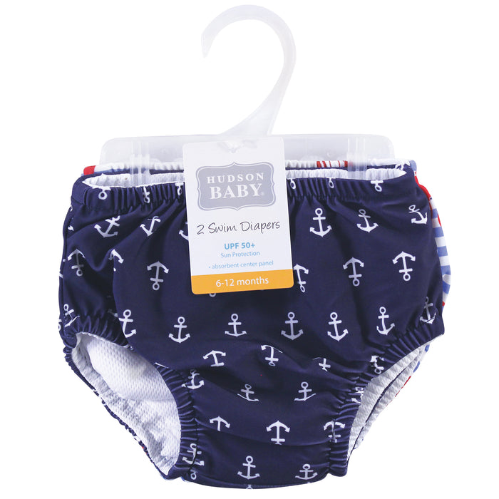 Hudson Baby Infant and Toddler Boy 2-Pack Swim Diapers, Anchors