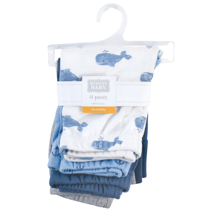 Hudson Baby Infant and Toddler Boy Cotton Pants 4-Pack, Blue Whales