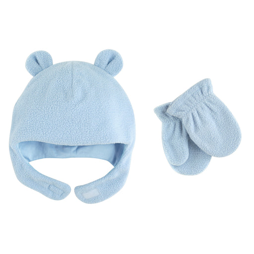 Luvable Friends Boys Beary Cozy Hat and Mitten Set 2 Piece, Light Blue