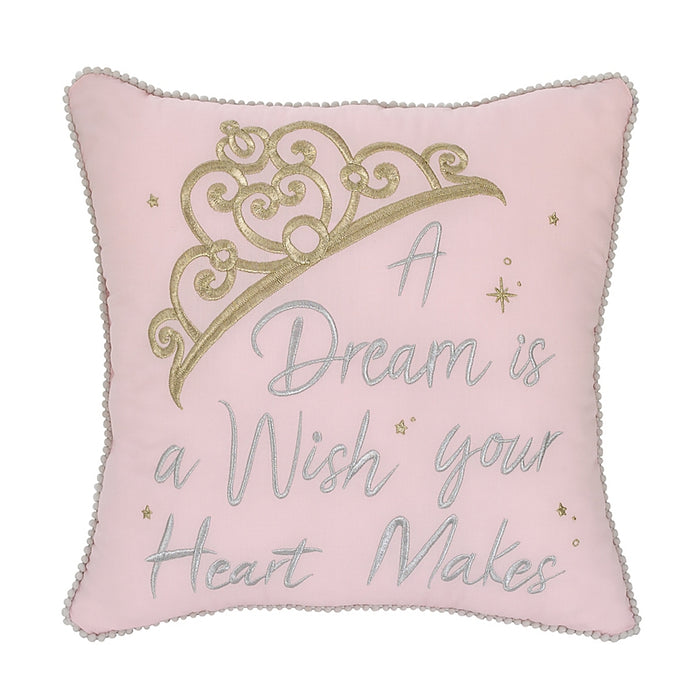 Disney Princess Enchanting Dreams Embroidered Crown Decorative Throw Pillow with White Pom Pom Trim