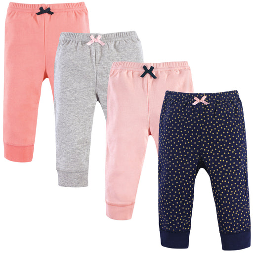 Luvable Friends Baby and Toddler Girl Cotton Pants 4-Pack, Gold Dot