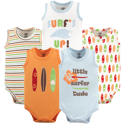 Luvable Friends Baby Boy Cotton Sleeveless Bodysuits 5 Pack, Surfer
