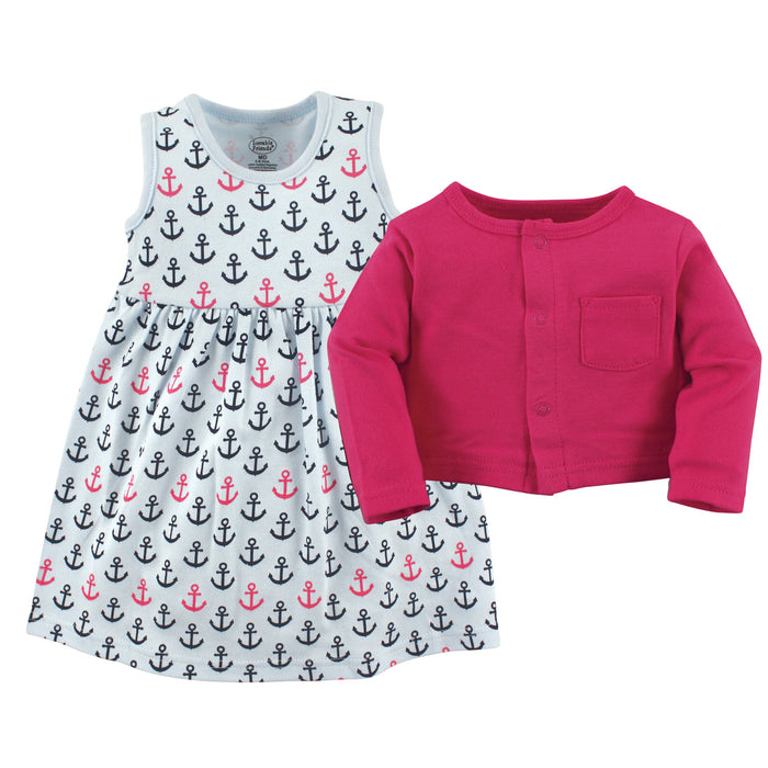 Luvable Friends Baby and Toddler Girl Dress and Cardigan 2-Piece Set, Anchors