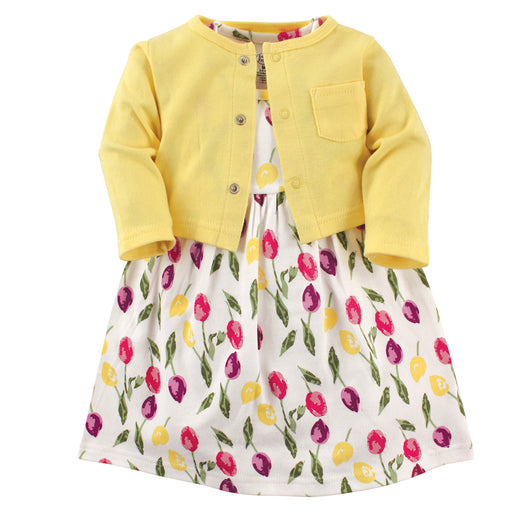Luvable Friends Baby and Toddler Girl Dress and Cardigan 2-Piece Set, Tulips