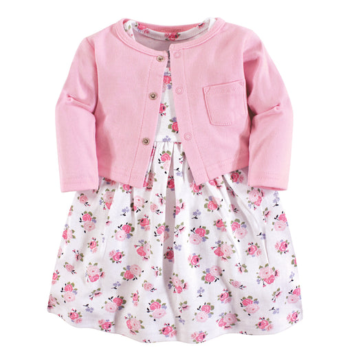 Luvable Friends Baby and Toddler Girl Dress and Cardigan 2-Piece Set, Pink Floral