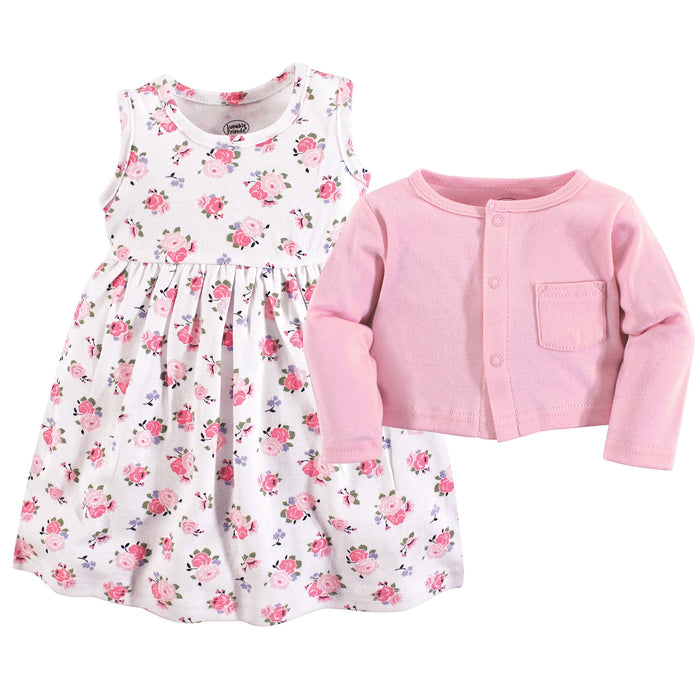 Luvable Friends Baby and Toddler Girl Dress and Cardigan 2-Piece Set, Pink Floral