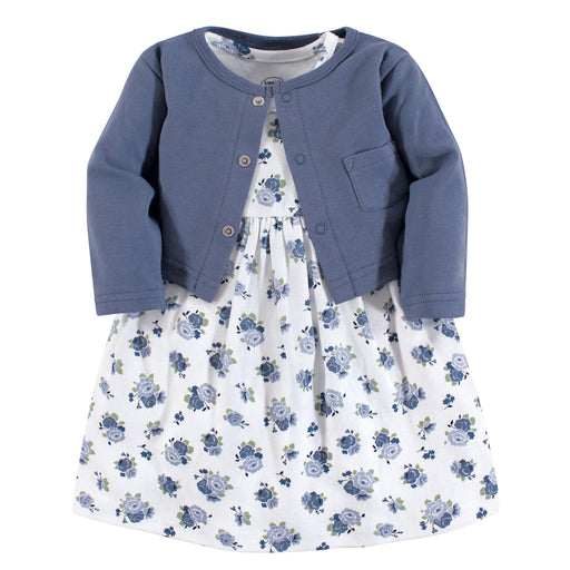 Luvable Friends Baby and Toddler Girl Dress and Cardigan 2-Piece Set, Blue Floral