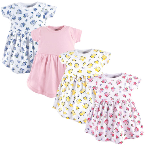 Luvable Friends Baby and Toddler Girl Cotton Short-Sleeve Dresses 4-Pack, Floral