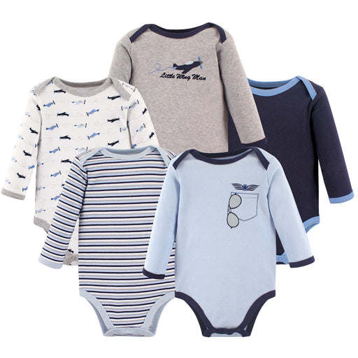 Luvable Friends Baby Boy Cotton Long-Sleeve Bodysuits 5-Pack, Airplane