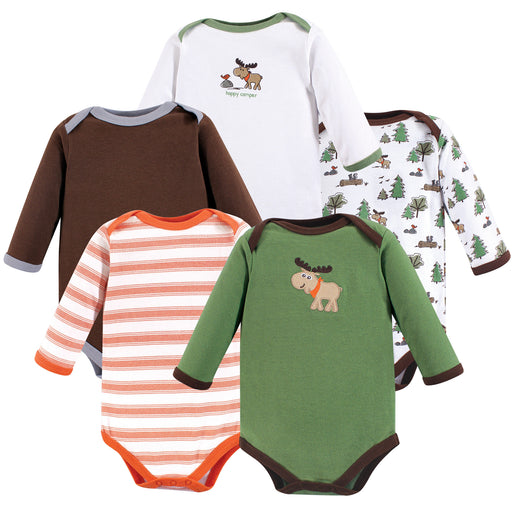 Luvable Friends Baby Boy Cotton Long-Sleeve Bodysuits 5-Pack, Moose