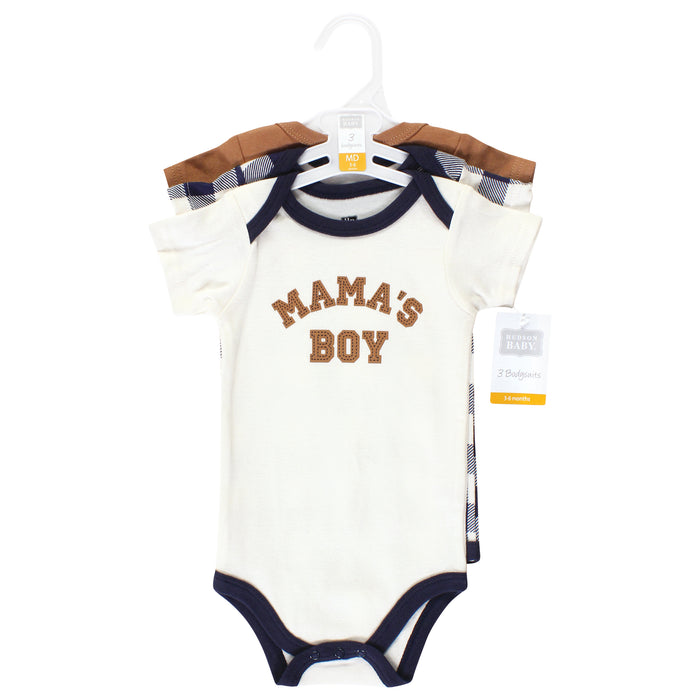 Hudson Baby Infant Boy Cotton Bodysuits, Brown Navy Mamas Boy 3-Pack