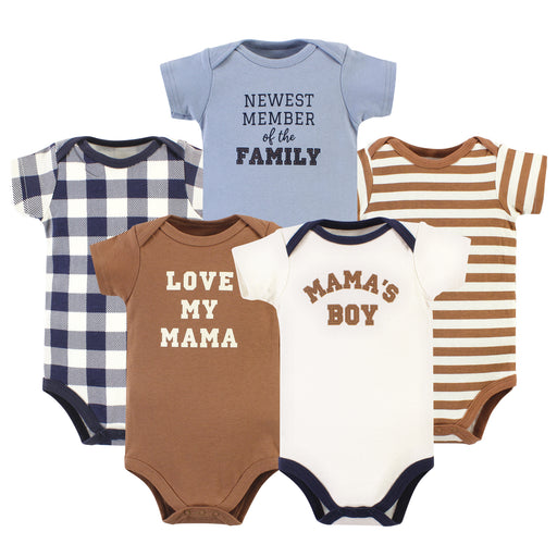 Hudson Baby Infant Boy Cotton Bodysuits, Brown Navy Mamas Boy 5-Pack