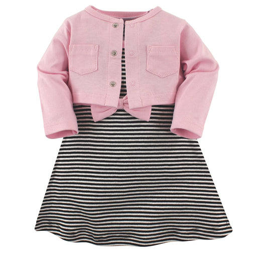 Hudson Baby Girls Cotton Dress and Cardigan 2 Piece Set, Light Pink Black