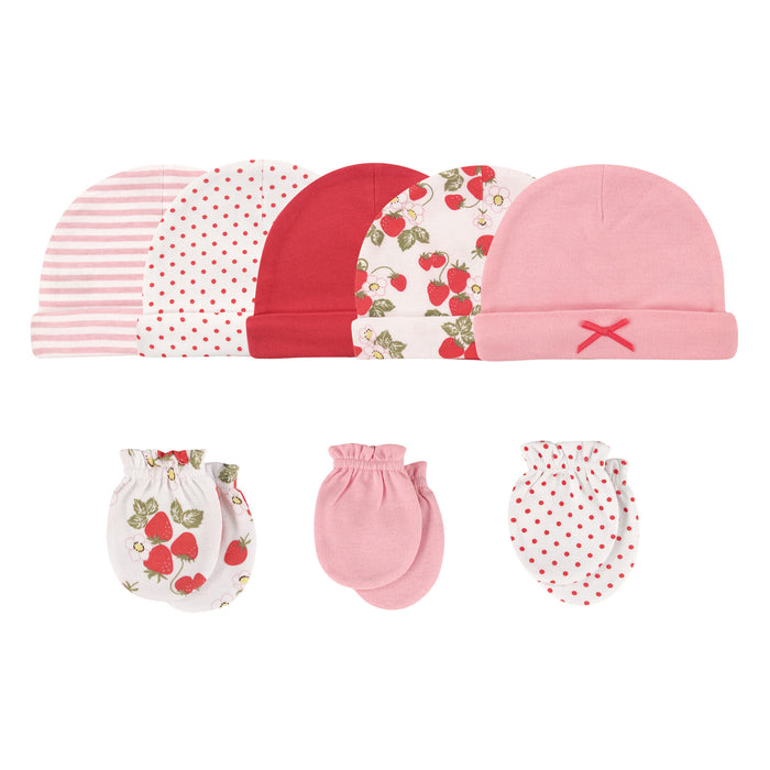 Hudson Baby Infant Girl Cotton Cap and Scratch Mitten 8 Piece Set, Strawberries