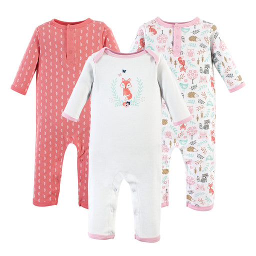 Hudson Baby Infant Girl Cotton Coveralls 3 Pack, Woodland Fox
