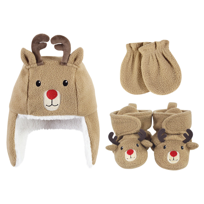 Hudson Baby 6 Piece Trapper Hat, Mitten and Bootie Set, Red Elf Reindeer