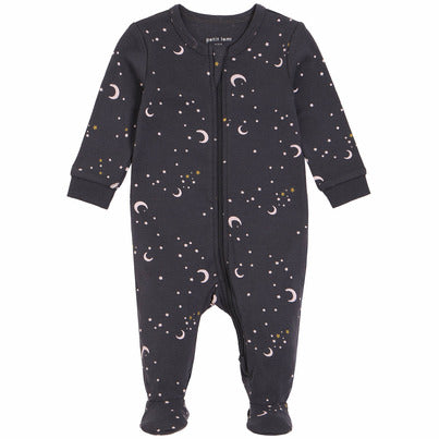 Petit Lem Sparkly Sky with Pink Moons Print on Charcoal Footed Sleeper