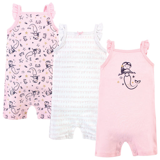 Hudson Baby Infant Girl Cotton Rompers 3 Pack, Pink Mermaid