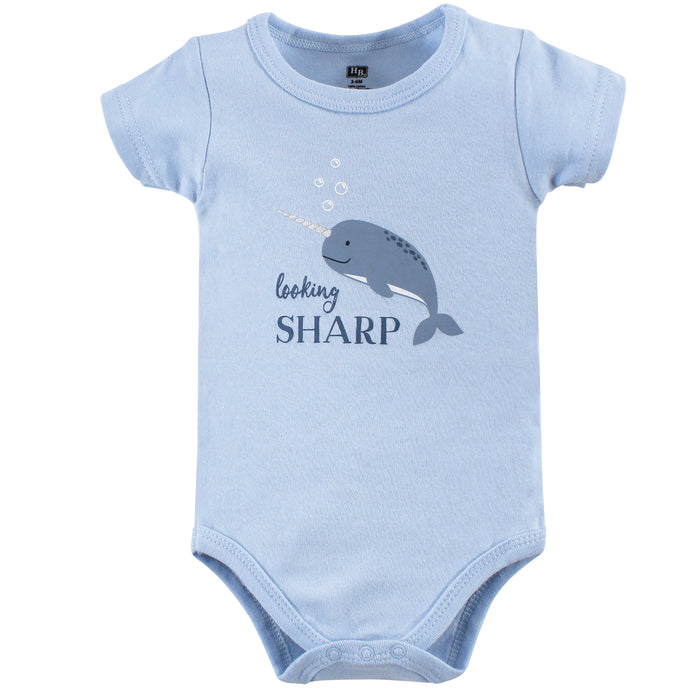 Hudson Baby Infant Boy Cotton Bodysuit, Shorts and Shoe 3 Piece Set, Narwhal