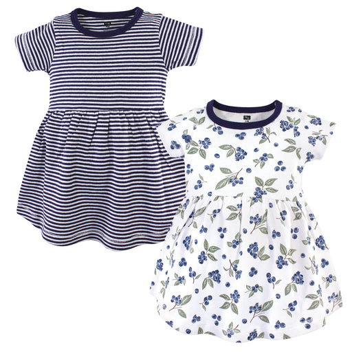 Hudson Baby Infant and Toddler Girl Cotton Short-Sleeve Dresses 2 Pack, Blueberries
