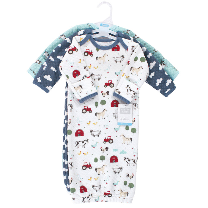 Hudson Baby Infant Boy Quilted Cotton Long-Sleeve Gowns 3-Pack, Farm Animals