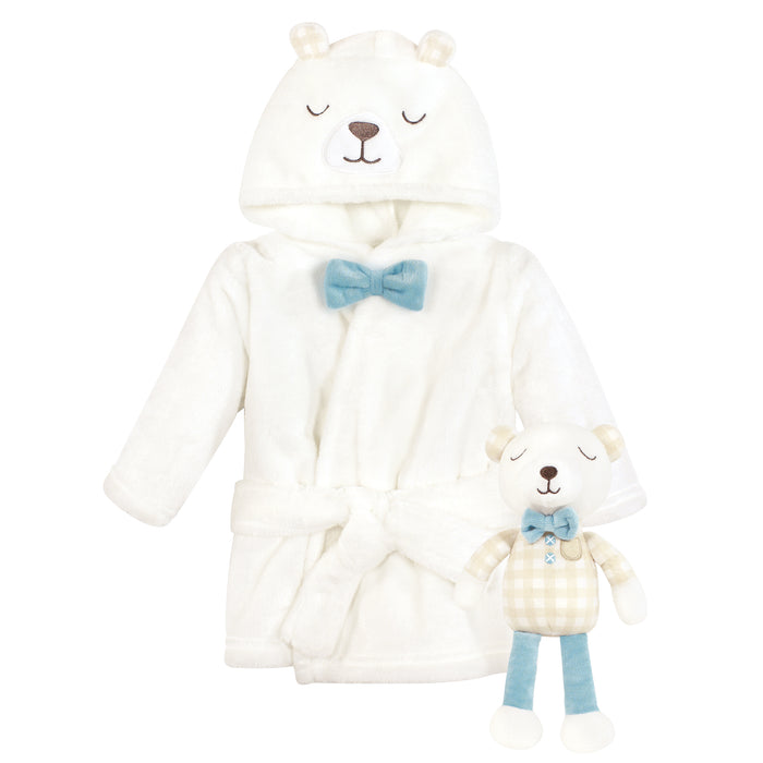 Hudson Baby Plush Bathrobe and Toy Set, Gingham Bear Boy, One Size