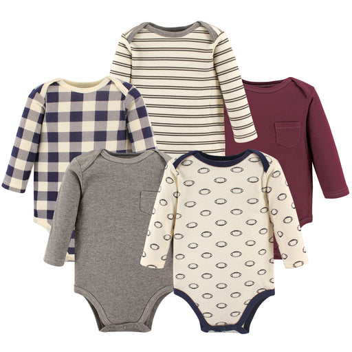 Hudson Baby Infant Boy Cotton Long-Sleeve Bodysuits 5 Pack, Burgundy Football