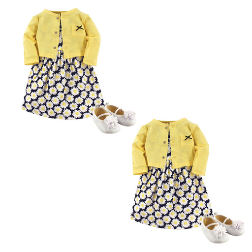 Hudson Baby Infant and Toddler Girl Cotton Dress, Cardigan and Shoe Set, Daisy 6-Piece