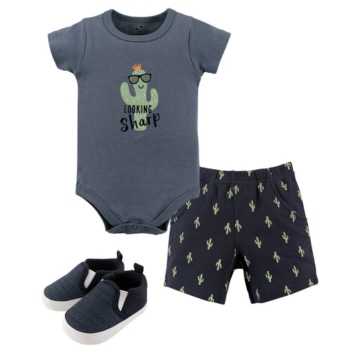 Hudson Baby Infant Boy Cotton Bodysuit, Shorts and Shoe 3 Piece Set, Cactus