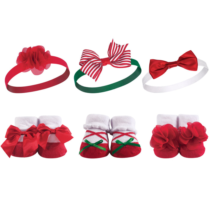 Hudson Baby Infant Girl Headband and Socks Giftset 6 Piece, Holly, One Size