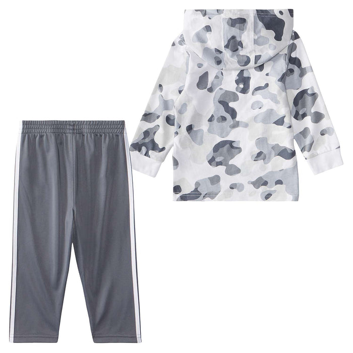 Adidas Baby Boy Gray Camo Print Logo Graphic Hooded Tee & 3-Stripe Pants Set