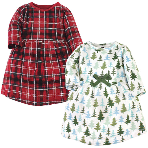Hudson Baby Infant and Toddler Girl Cotton Long-Sleeve Dresses 2Pack, Evergreen Trees
