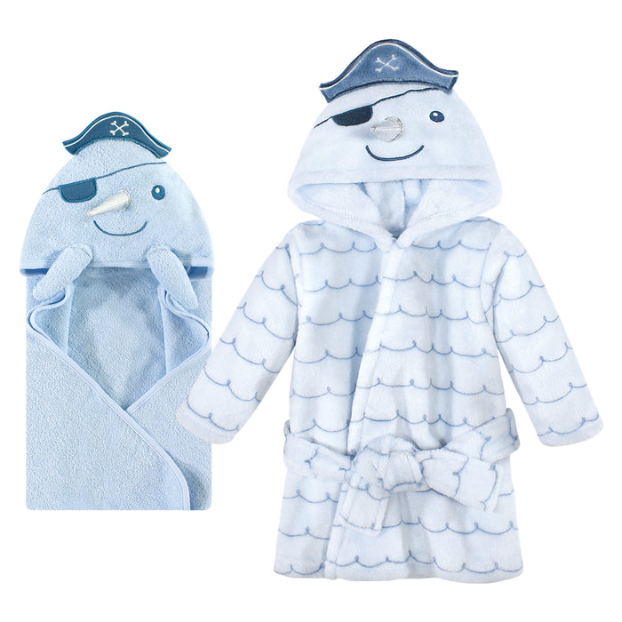 Hudson Baby Cotton Animal Face Hooded Towel and Plush Bathrobe Bundle Set, Narwhal