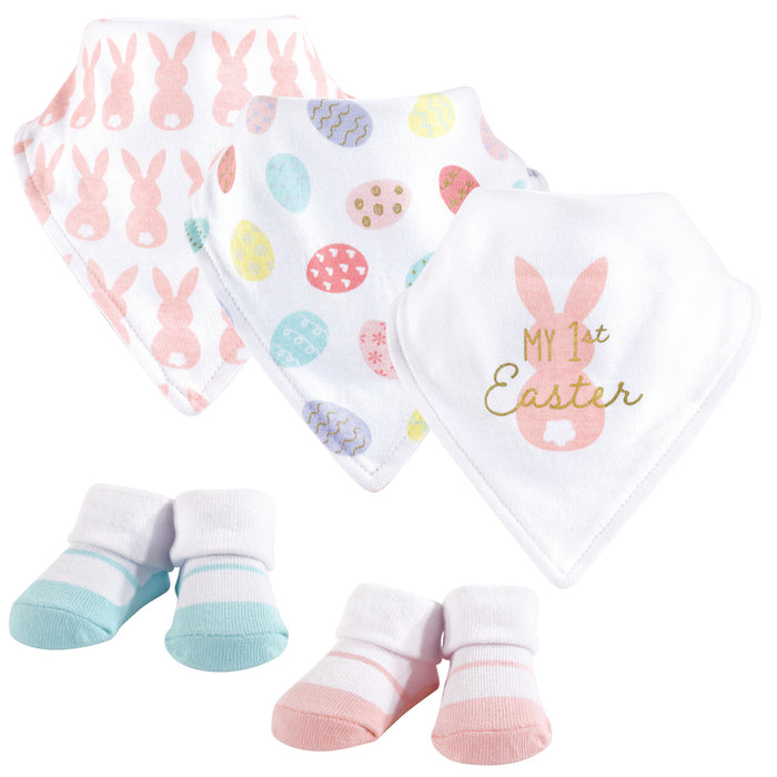 Hudson Baby Infant Girl Cotton Bib and Sock Set 5 Pack, Girl First Easter, One Size