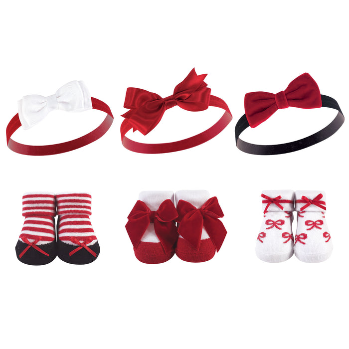 Hudson Baby Infant Girl Headband and Socks Giftset 6 Piece, Red Bows, One Size