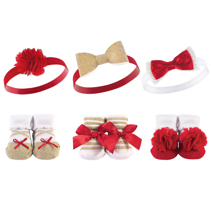 Hudson Baby Infant Girl Headband and Socks Giftset 6 Piece, Red Gold, One Size