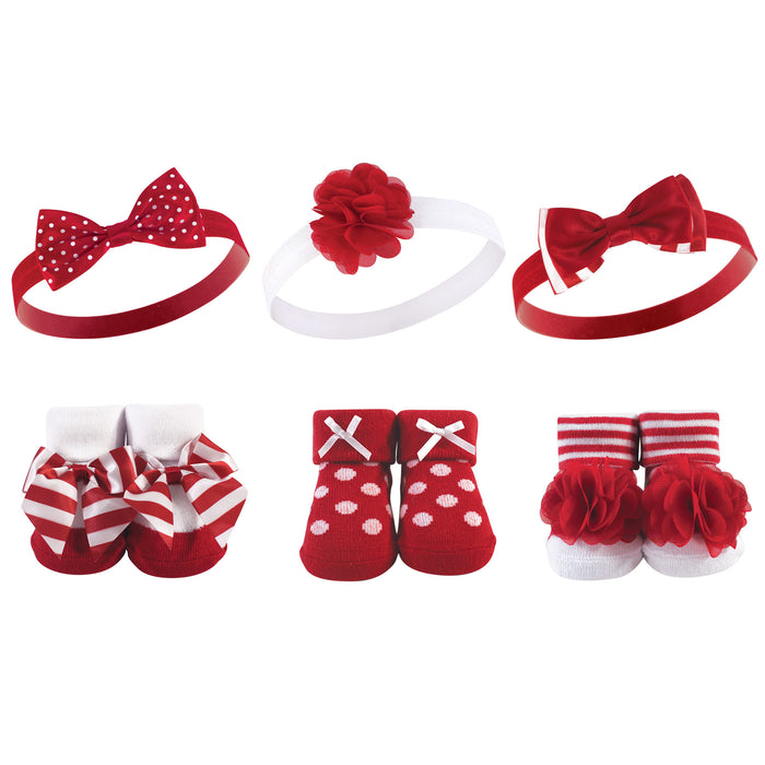 Hudson Baby Infant Girl Headband and Socks Giftset 6 Piece, Red White Stripe, One Size