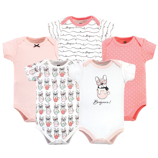 Hudson Baby Infant Girl Cotton Bodysuits 5 Pack, Bonjour Pink