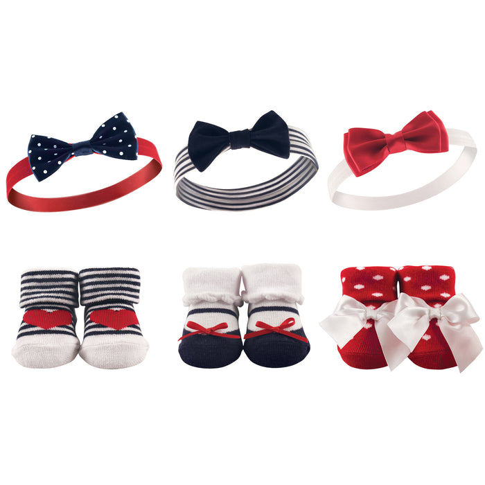 Hudson Baby Infant Girl Headband and Socks Giftset 6 Piece, Red Navy, One Size