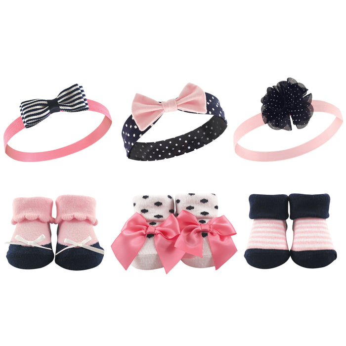 Hudson Baby Infant Girl Headband and Socks Giftset 6 Piece, Pink Navy, One Size