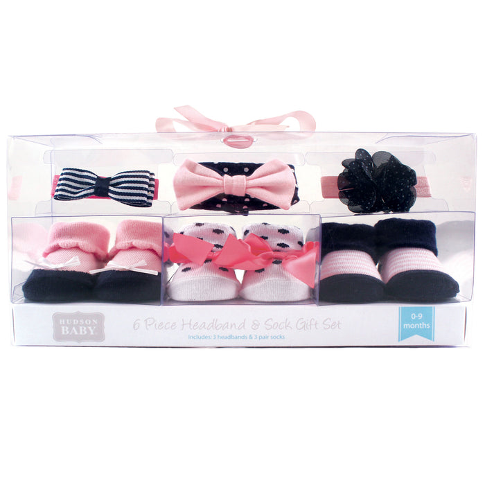 Hudson Baby Infant Girl Headband and Socks Giftset 6 Piece, Pink Navy, One Size